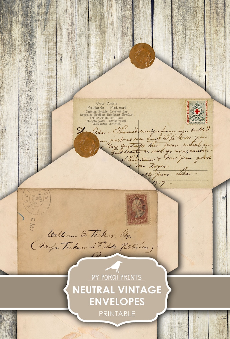 May include: A vintage envelope with a neutral brown color and a wax seal. The envelope has a handwritten address and a stamp. The envelope is part of a printable set of neutral vintage envelopes.