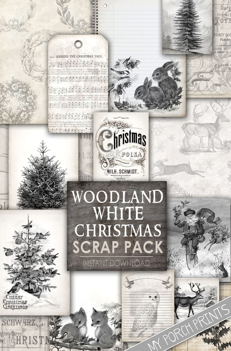 Woodland White Christmas Scrap Pack, Neutre, Animaux de la forêt, Junk Journal, Noir, Blanc, Décembre Quotidien, Papiers, Imprimable, My Porch Prints image 9