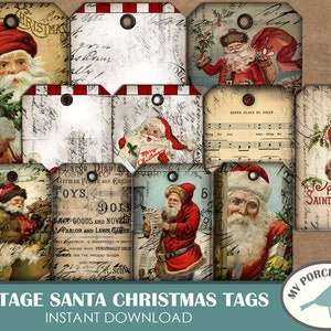 Babbo Natale vintage, etichette natalizie, etichetta regalo, album di ritagli, diario spazzatura, quotidiano di dicembre, stampabile, notte prima di Natale, abbellimento, ornamento