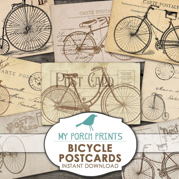 Bicycle Postcards, Scrapbook, Bike, Vintage, Post Card, junk journal kit, antique bike, printable ephemera, man, men, card, digital download