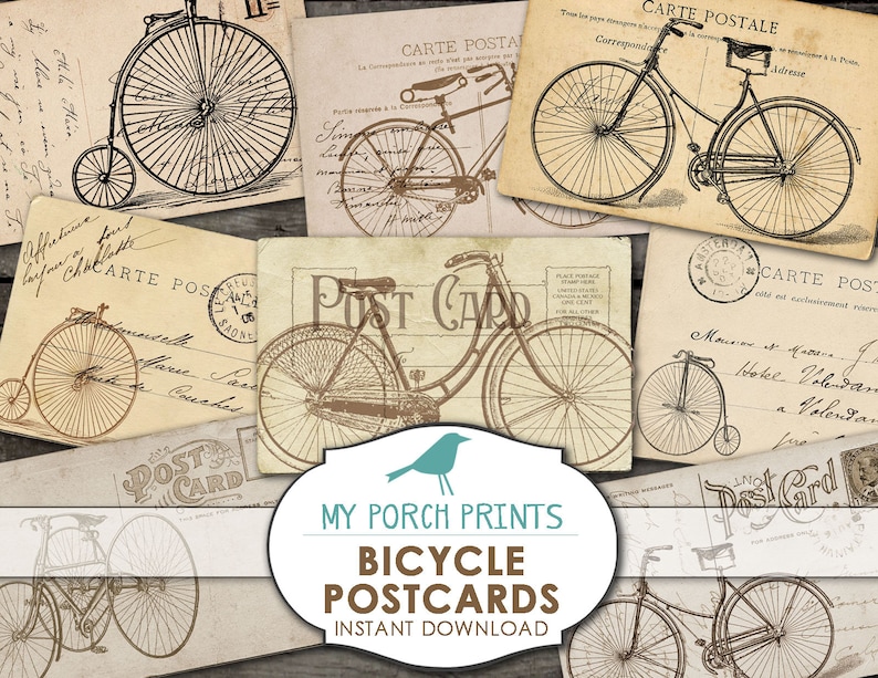 May include: A set of vintage-style postcards featuring illustrations of bicycles. The postcards are printed on aged paper with handwritten text and stamps. The text on the postcards includes "Carte Postale", "Post Card", and "My Porch Prints".