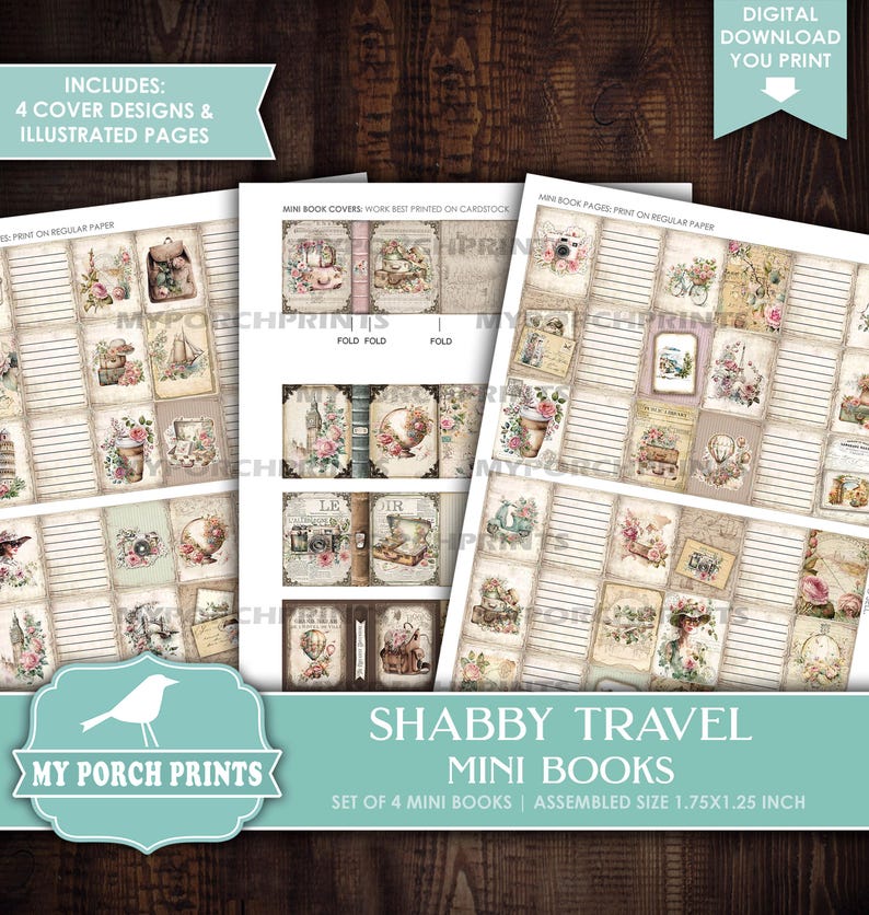 Shabby Travel Mini Books, Junk Journal, Vacation, Miniature, Book, Road Trip, Holiday, Suitcase, My Porch Prints Printable Digital Download image 4