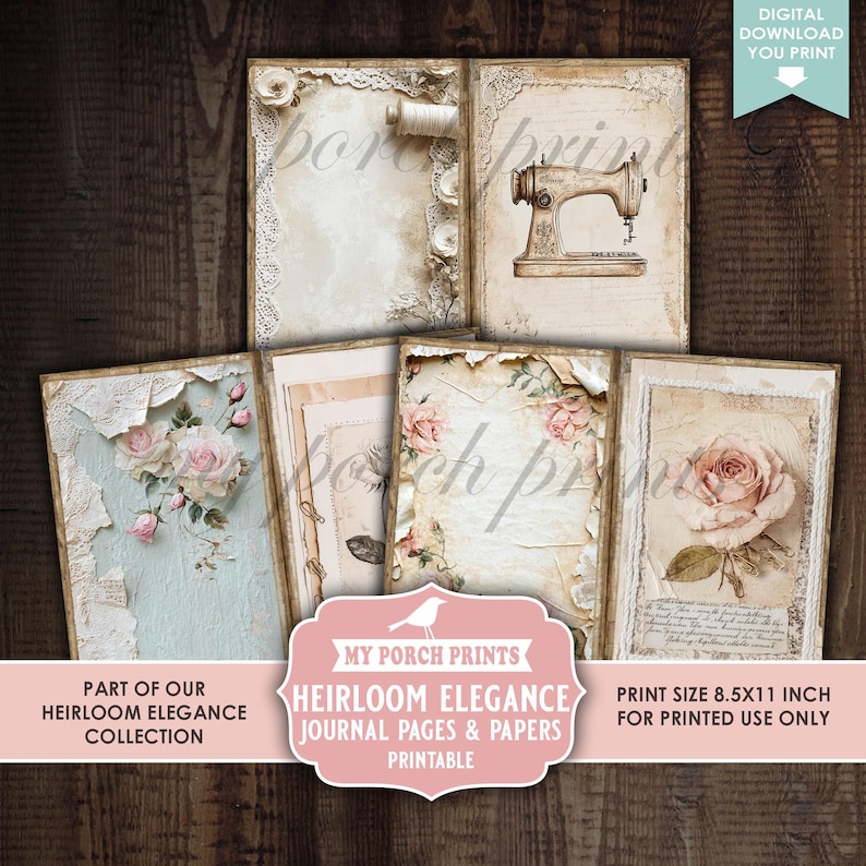 Op de afbeelding: Een verzameling printbare journaalpagina's en -papieren met een vintage esthetiek. De ontwerpen bevatten rozen, kant en een illustratie van een naaimachine. De tekst luidt "Heirloom Elegance Journal Pages & Papers". De afdrukformaat is 21,59 x 27,94 cm.