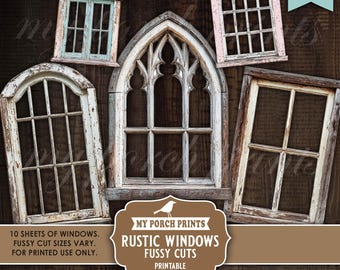 Rustic Windows FUSSY CUTS, Junk Journal Window Shapes Cutouts Kit Cricut Pink White Photo Frames, My Porch Prints Printable Digital Download