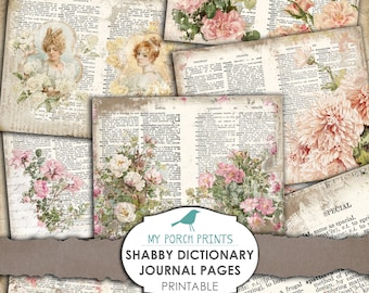 Shabby Dictionary Journal Pages, Printable Paper, Junk Journal, Digi Kit, Ephemera, Rose, Scrapbooking, Collage Sheet, Vintage, Download