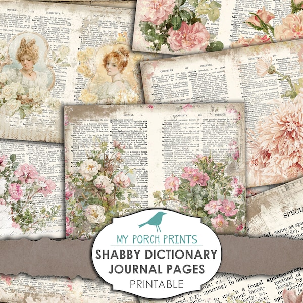 Shabby Wörterbuch Journal Seiten, druckbares Papier, Junk Journal, Digi Kit, Ephemera, Rose, Scrapbooking, Collage Sheet, Vintage, Download