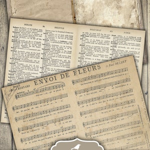 Puede incluir: P&aacute;ginas de diario imprimibles vintage con fondo marr&oacute;n y texto negro. Las p&aacute;ginas presentan una partitura musical con el t&iacute;tulo "Envoi de Fleurs" y el texto "My Porch Prints Basic Essential Journal Pages Printable".