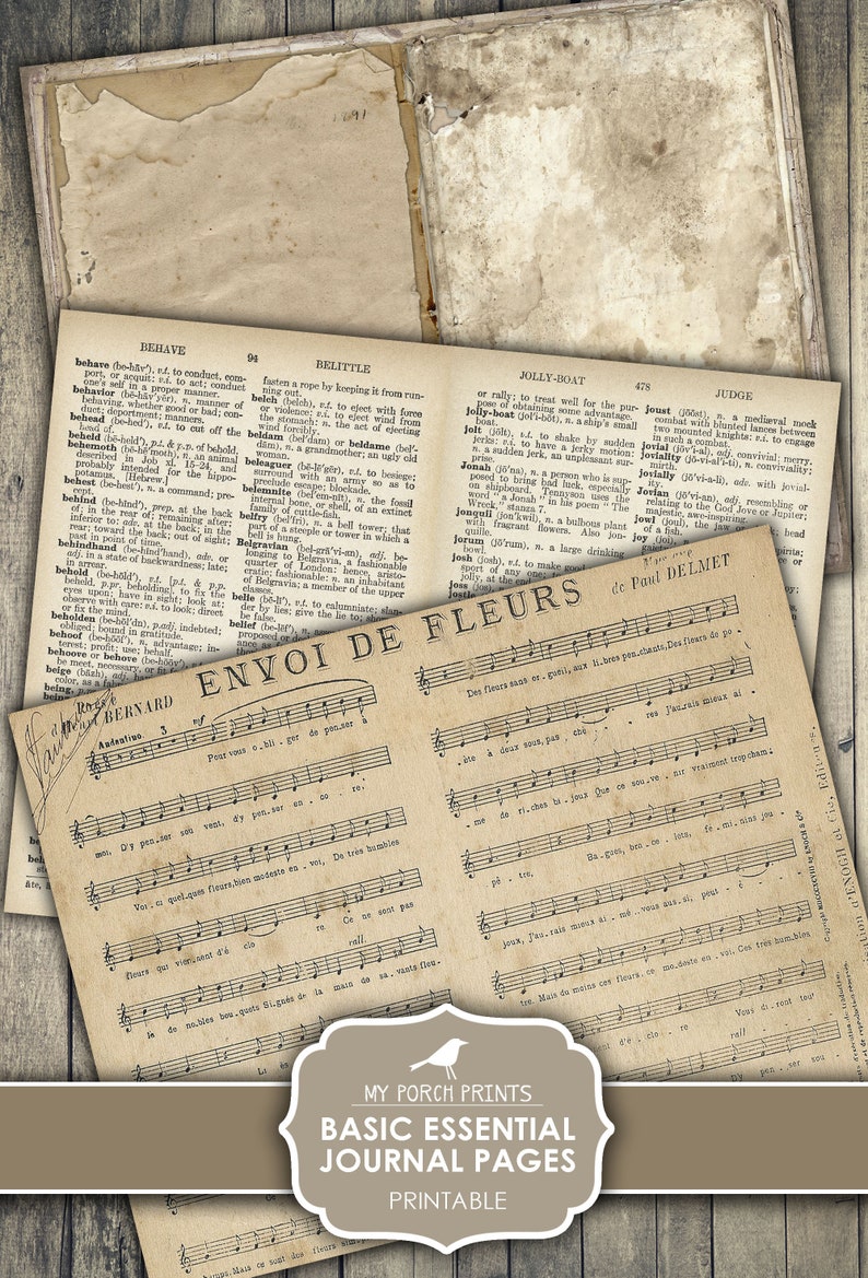 Puede incluir: P&aacute;ginas de diario imprimibles vintage con fondo marr&oacute;n y texto negro. Las p&aacute;ginas presentan una partitura musical con el t&iacute;tulo "Envoi de Fleurs" y el texto "My Porch Prints Basic Essential Journal Pages Printable".