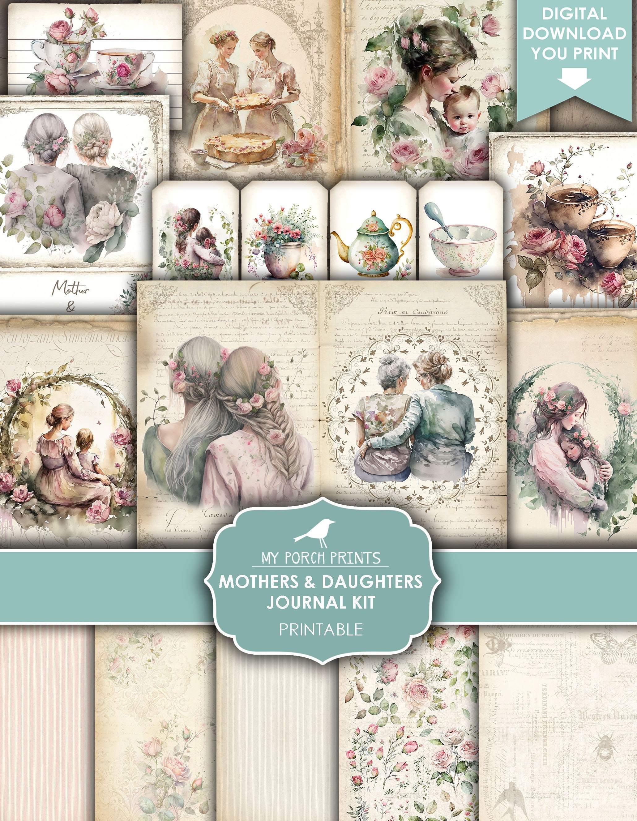 Junk Journal, Mothers and Daughters, Kit, Mother, Daughter, Mum, Mother's Day, Mom, Gift, My Porch Prints, Printable, Digital Download