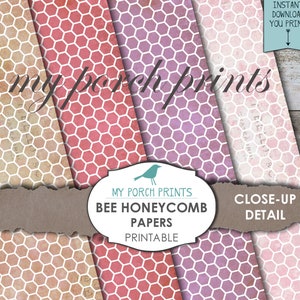 May include: Three printable digital papers featuring a honeycomb pattern in pink, red, and purple with a white outline. The papers are labeled "My Porch Prints Bee Honeycomb Papers Printable".