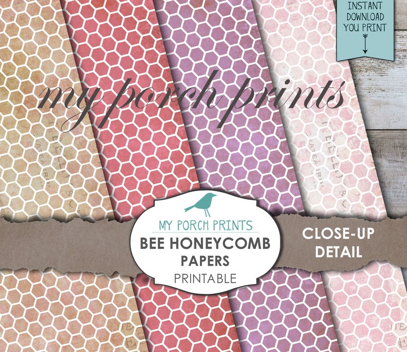 May include: Three printable digital papers featuring a honeycomb pattern in pink, red, and purple with a white outline. The papers are labeled "My Porch Prints Bee Honeycomb Papers Printable".