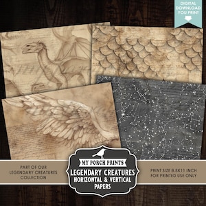 May include: A collection of four digital papers with a fantasy theme. The papers feature illustrations of a dragon, dragon scales, a wing, and a starry night sky. The papers are part of the "Legendary Creatures" collection and are 8.5x11 inches.
