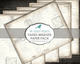 May include: A set of printable digital papers featuring faded vintage ephemera with handwritten text and stamps. The papers are titled "Faded Missives Paper Pack" and are printable in 8.5x11 inch size.