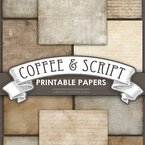 Puede incluir: Conjunto de ocho papeles digitales imprimibles con fondos vintage manchados de caf&eacute; y cubiertos de escritura. Los papeles son perfectos para scrapbooking, creaci&oacute;n de tarjetas y otros proyectos de manualidades. El texto en los papeles dice "COFFEE & SCRIPT PRINTABLE PAPERS INSTANT DOWNLOAD".