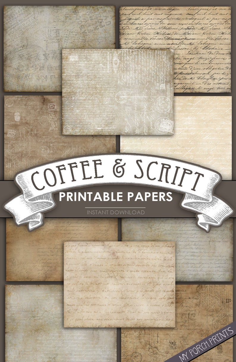 Puede incluir: Conjunto de ocho papeles digitales imprimibles con fondos vintage manchados de caf&eacute; y cubiertos de escritura. Los papeles son perfectos para scrapbooking, creaci&oacute;n de tarjetas y otros proyectos de manualidades. El texto en los papeles dice "COFFEE & SCRIPT PRINTABLE PAPERS INSTANT DOWNLOAD".