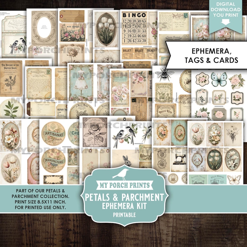 Petals and Parchment Junk Journal EPHEMERA Kit, Vintage, Bird, Spring ...