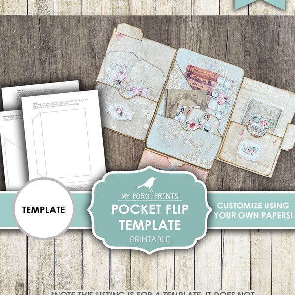 Pocket Flip TEMPLATE, Junk Journal, Vintage, Folder, Craft Kit, Ephemera, Album, My Porch Prints, Insert, Digital Kit, Download, Printable