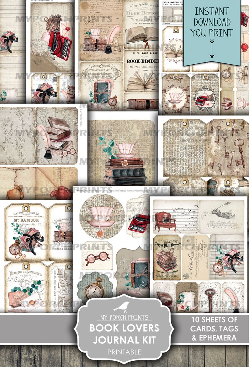 Junk Journal Kit, Book Lover, Writer, Author, Tea, Quill Ink, Vintage, Handmade, Dark Academia, My Porch Prints, Printable, Digital Download image 4