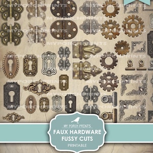Faux Hardware Fussy Cuts, Junk Journal, Corners, Gears, Steampunk, Hinges, Stickers, Grunge, My Porch Prints, Printable Digital Download