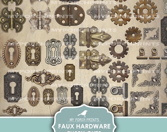 Faux Hardware Fussy Cuts, Junk Journal, Corners, Gears, Steampunk, Hinges, Stickers, Grunge, My Porch Prints, Printable Digital Download