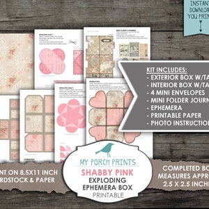 May include: Printable kit for a shabby pink exploding ephemera box. The kit includes an exterior box with tags, an interior box with tags, four mini envelopes, a mini folder journal, ephemera, printable paper, and photo instructions. The completed box measures 2.5 x 2.5 inches.