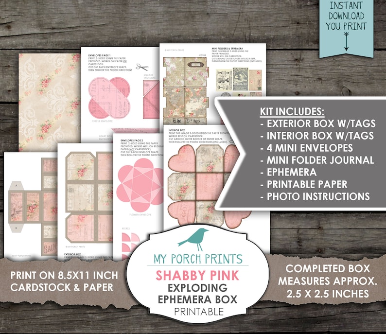 May include: Printable kit for a shabby pink exploding ephemera box. The kit includes an exterior box with tags, an interior box with tags, four mini envelopes, a mini folder journal, ephemera, printable paper, and photo instructions. The completed box measures 2.5 x 2.5 inches.