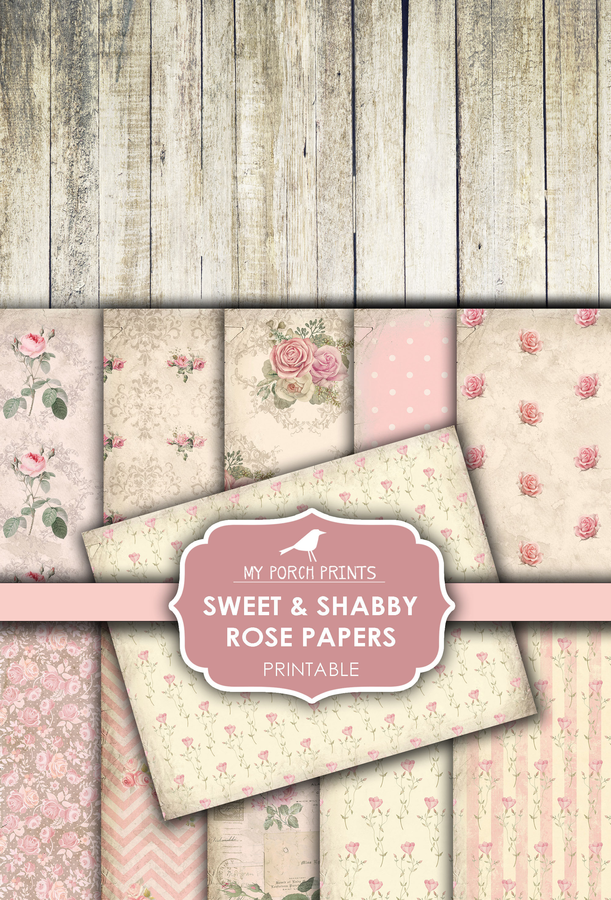 Digital Shabby Pink Papers, Vintage Shabby Download, Printable