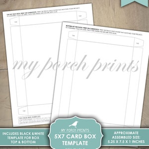 May include: Printable template for a 5x7 inch card box. The template includes black and white outlines for the top and bottom of the box. The assembled box measures approximately 13.3 x 19 x 2.5 cm.