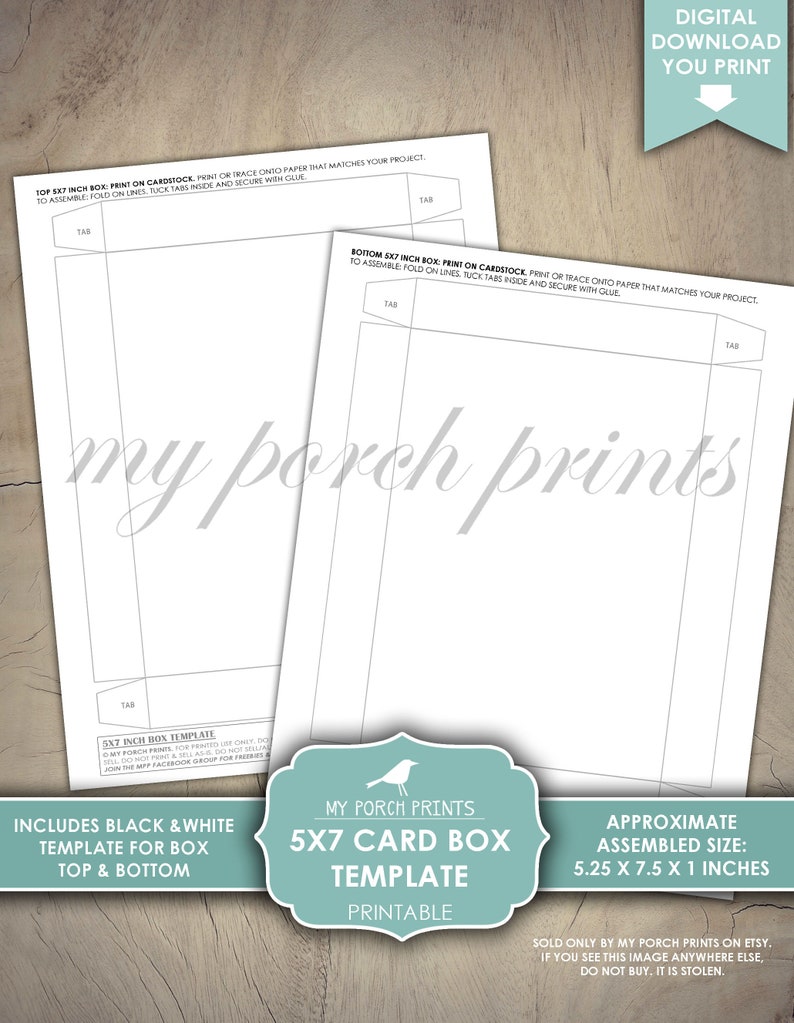 May include: Printable template for a 5x7 inch card box. The template includes black and white outlines for the top and bottom of the box. The assembled box measures approximately 13.3 x 19 x 2.5 cm.