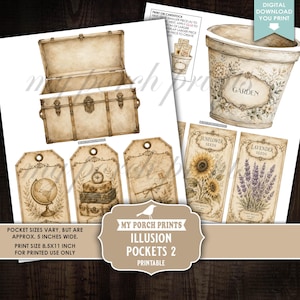 May include: A digital printable sheet featuring vintage-style illustrations including an open trunk, a garden pot, and various rectangular tags with botanical and travel themes. Text includes "GARDEN," "SUNFLOWER SEEDS," "LAVENDER SEEDS," and "MY PORCH PRINTS ILLUSION POCKETS 2."