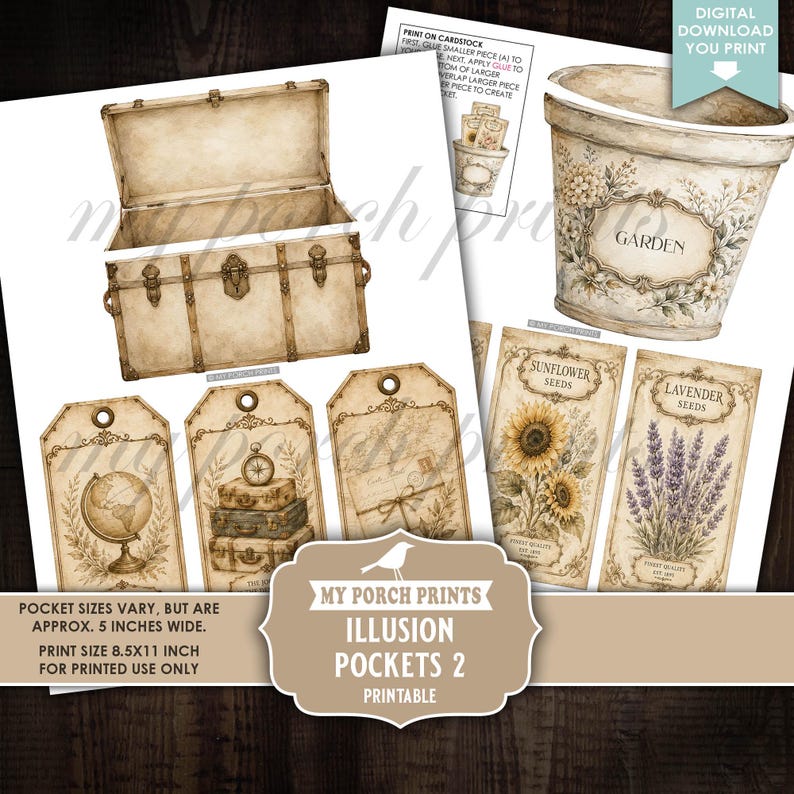 May include: A digital printable sheet featuring vintage-style illustrations including an open trunk, a garden pot, and various rectangular tags with botanical and travel themes. Text includes "GARDEN," "SUNFLOWER SEEDS," "LAVENDER SEEDS," and "MY PORCH PRINTS ILLUSION POCKETS 2."