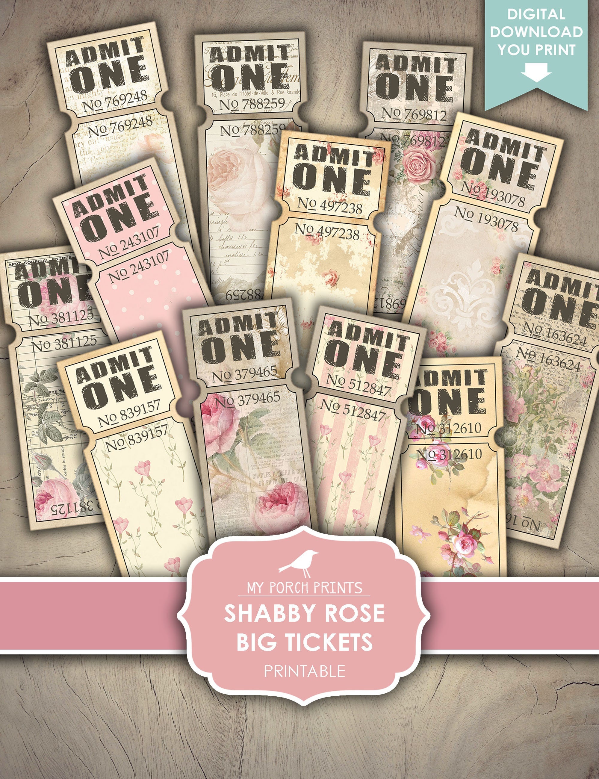 Junk Journal, Tickets, Shabby, Rose, Big, Large, Vintage, Ephemera, Pink, Flowers, My Porch Prints, Insert, Digital Kit, Download, Printable
