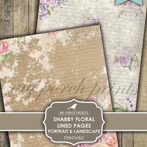May include: Shabby floral lined pages printable with a vintage aesthetic. The pages feature floral designs in shades of pink, purple, and cream, with lined paper. The text "My Porch Prints" and "Digital Download You Print" are visible.