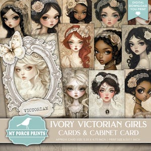 IVORY Victorian Girls Cards & Cabinet Card, Junk Journal, Portrait Pretty Big Eyes Watercolor, My Porch Prints, Printable, Digital Download