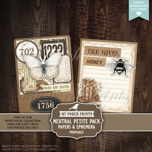 May include: Digital printable papers and ephemera set. The design includes vintage-style labels, a butterfly, a bee, books, and the text "Bee Hives, Honey". The kit is part of the Petite Packs Collection, print size 8.5x11 inch.