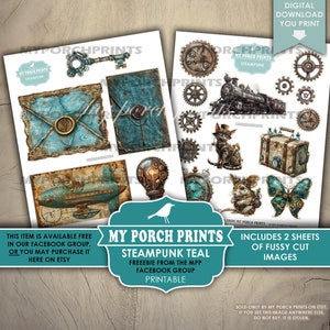 Op de afbeelding: Twee vellen met digitaal printpapier met een steampunk-thema. Het papier bevat afbeeldingen van tandwielen, een trein, een kat, een muis, een vlinder, een gloeilamp, een klok, een koffer en een boek. Het papier is teal en bruin.
