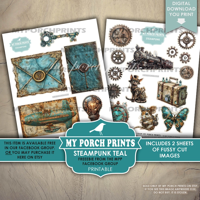 Op de afbeelding: Twee vellen met digitaal printpapier met een steampunk-thema. Het papier bevat afbeeldingen van tandwielen, een trein, een kat, een muis, een vlinder, een gloeilamp, een klok, een koffer en een boek. Het papier is teal en bruin.