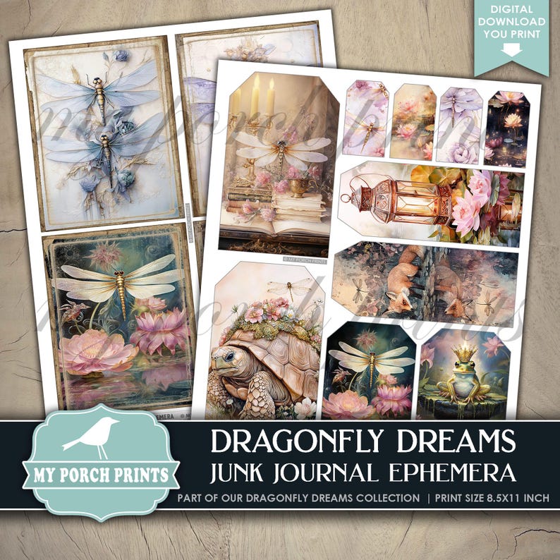May include: A set of printable digital collage sheets featuring dragonfly, turtle, frog, lantern, and floral designs. The sheets are part of the Dragonfly Dreams Junk Journal Ephemera collection and are sized 8.5 x 11 inches.