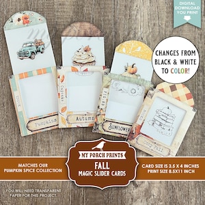 Op de afbeelding: Een verzameling magische schuifkaarten met herfstthema, met diverse illustraties, waaronder een vrachtwagen, cupcake en pompoenen. De kaarten hebben een vintage uitstraling met tekstlabels zoals "Pumpkins" en "Cozy Fall". De kaartgrootte is 8,9 x 10,2 cm.
