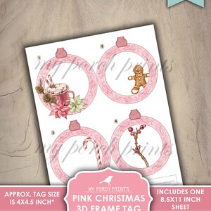 Puede incluir: Etiqueta de marco 3D de Navidad rosa imprimible con cuatro dise&ntilde;os diferentes: una taza de chocolate caliente con malvaviscos, un hombre de jengibre, un bast&oacute;n de caramelo y una rama de bayas. La etiqueta mide aproximadamente 10,2 x 11,4 cm.
