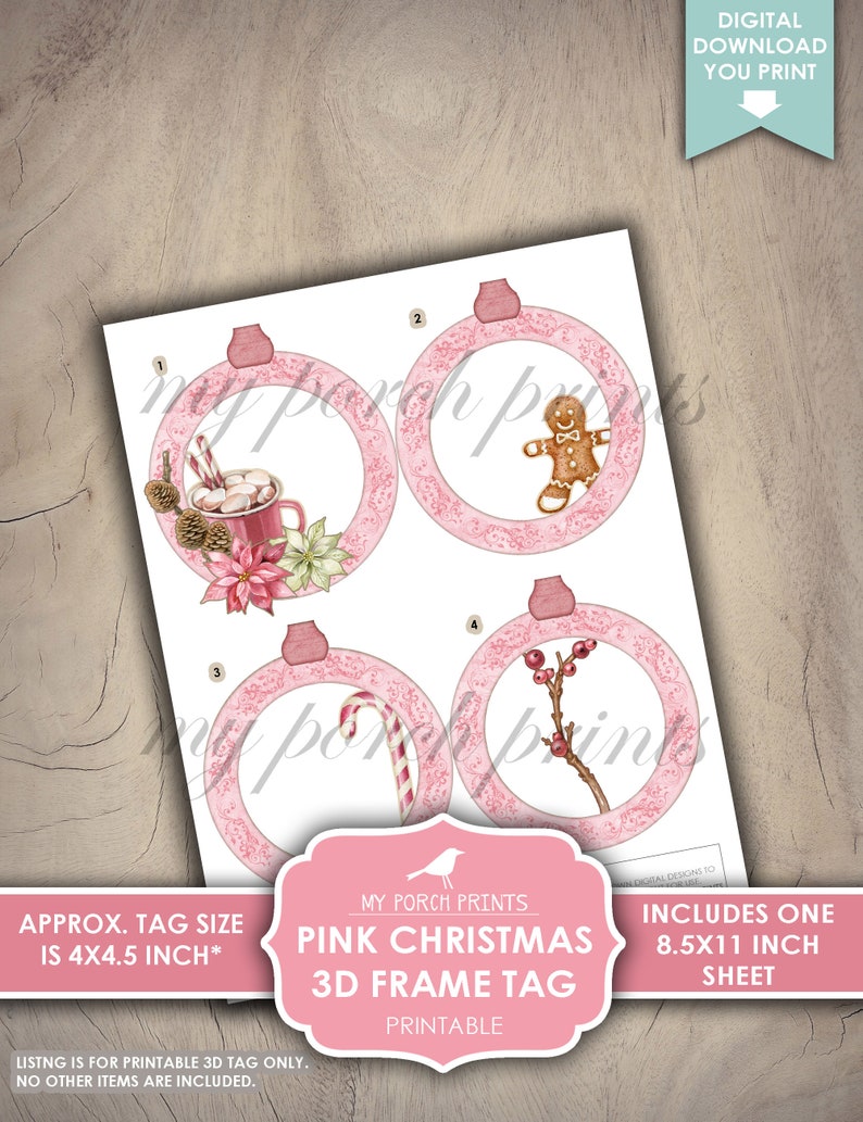 Puede incluir: Etiqueta de marco 3D de Navidad rosa imprimible con cuatro dise&ntilde;os diferentes: una taza de chocolate caliente con malvaviscos, un hombre de jengibre, un bast&oacute;n de caramelo y una rama de bayas. La etiqueta mide aproximadamente 10,2 x 11,4 cm.