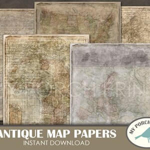 Puede incluir: Conjunto de cinco papeles de mapas antiguos con un aspecto desgastado y vintage. Los mapas incluyen Australia, Am&eacute;rica del Norte, Inglaterra y Gales, Europa y un mapa de los Estados Unidos. Los mapas est&aacute;n impresos en papel color crema con tinta marr&oacute;n y roja. El texto "Antique Map Papers Instant Download" est&aacute; impreso en la parte inferior de la imagen.