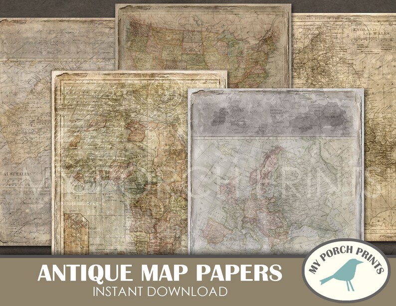 Puede incluir: Conjunto de cinco papeles de mapas antiguos con un aspecto desgastado y vintage. Los mapas incluyen Australia, Am&eacute;rica del Norte, Inglaterra y Gales, Europa y un mapa de los Estados Unidos. Los mapas est&aacute;n impresos en papel color crema con tinta marr&oacute;n y roja. El texto "Antique Map Papers Instant Download" est&aacute; impreso en la parte inferior de la imagen.