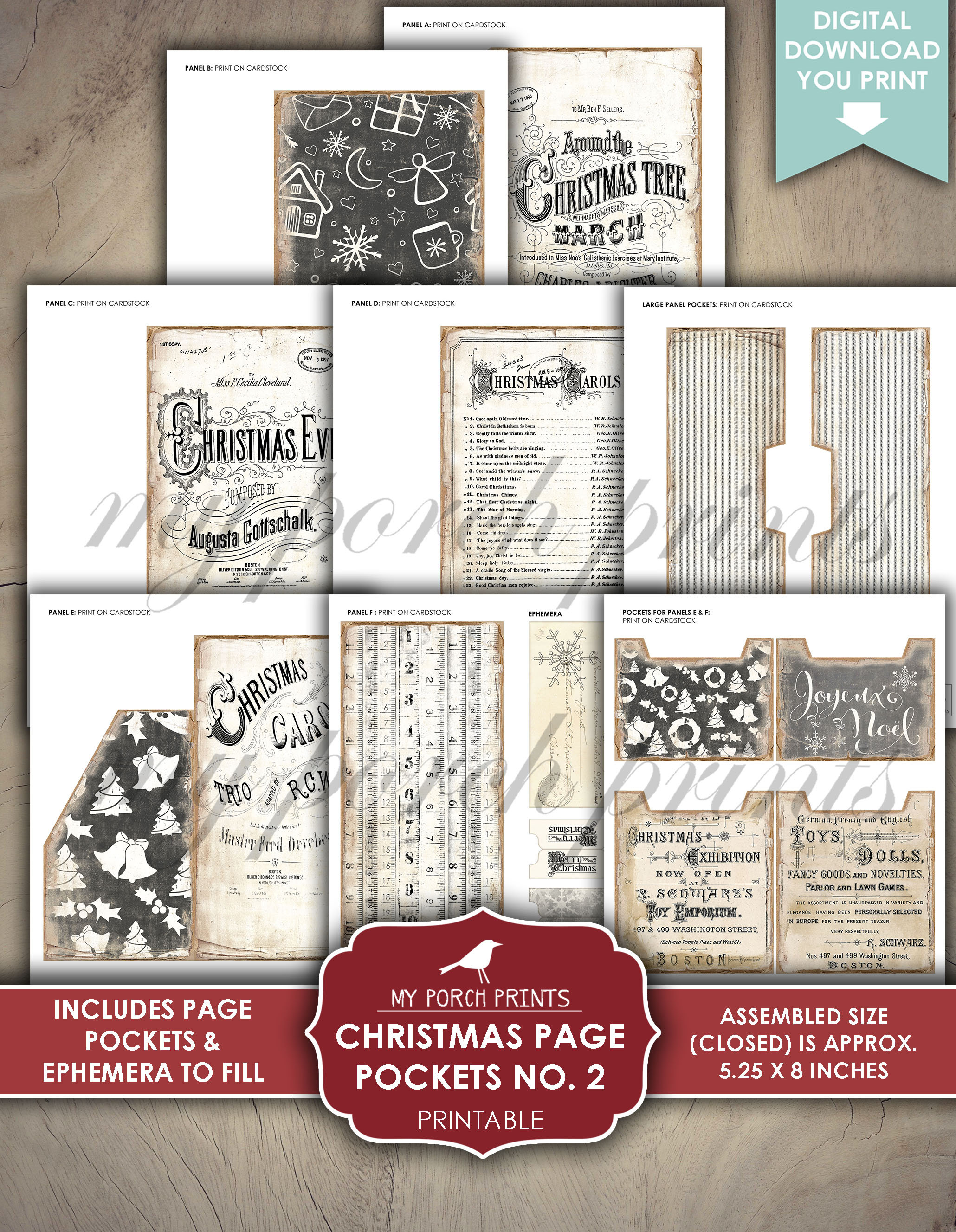 Christmas Page Pockets No. 2, Junk Journal, Folio, Folder, Black, White ...