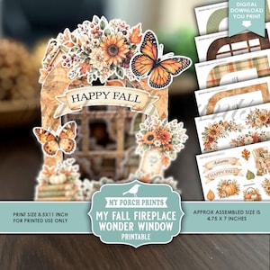 May include: A printable paper craft kit featuring a fall-themed window display with sunflowers, butterflies, and a banner reading HAPPY FALL. The set includes multiple sheets for assembly, with a print size of 8.5x11 inches and an assembled size of 4.75x7 inches.