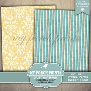 Puede incluir: Dos papeles digitales imprimibles, uno con un patr&oacute;n de damasco amarillo y el otro con rayas verticales azules y blancas. Los papeles miden 8,5 por 11 pulgadas y son gratuitos para los miembros del grupo de Facebook My Porch Prints.