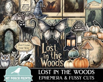 May include: A digital download of 18 printable sheets of tags, cards, and fussy cuts with a woodland theme. The image features a variety of illustrations, including a black cat, a butterfly, a lantern, mushrooms, and pumpkins. The text "Lost in the Woods" is featured in the center of the image.