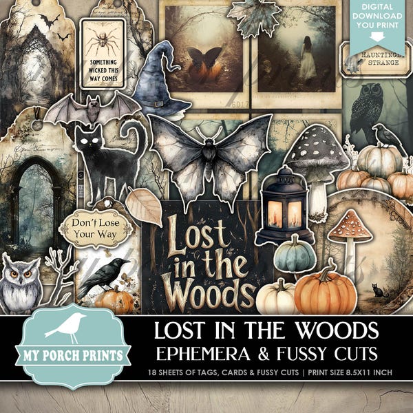 Halloween Lost In The Woods EPHEMERA & FUSSY CUTS, Junk Journal Kit, Fall, Cards, Planner, My Porch Prints, Printable, Digital Download