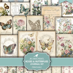 Junk Journal, Roses et Papillons, Kit, Shabby, Papillon, Rose, Jardin, vintage, Été, My Porch Prints, Imprimable, Téléchargement numérique