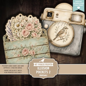 May include: A digital download printable featuring a light blue wooden crate with pink roses, scalloped floral tags, and a vintage-style camera with a bird illustration. Text includes 'MY PORCH PRINTS', 'ILLUSION POCKETS 2', and 'PRINTABLE'.